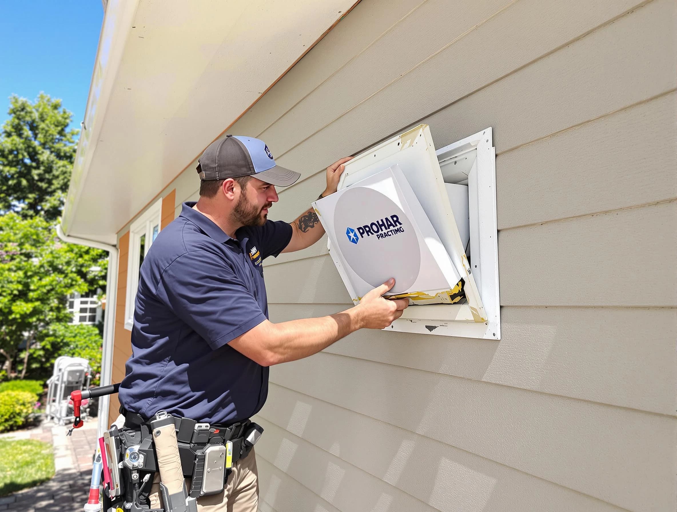 Sheridan Dryer Vent Cleaning technician installing a new protective dryer vent cover on a home in Sheridan