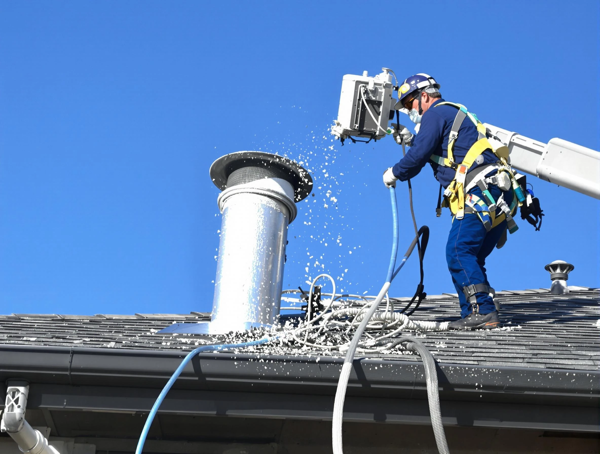 Sheridan Dryer Vent Cleaning certified technician safely cleaning a roof-mounted dryer vent in Sheridan